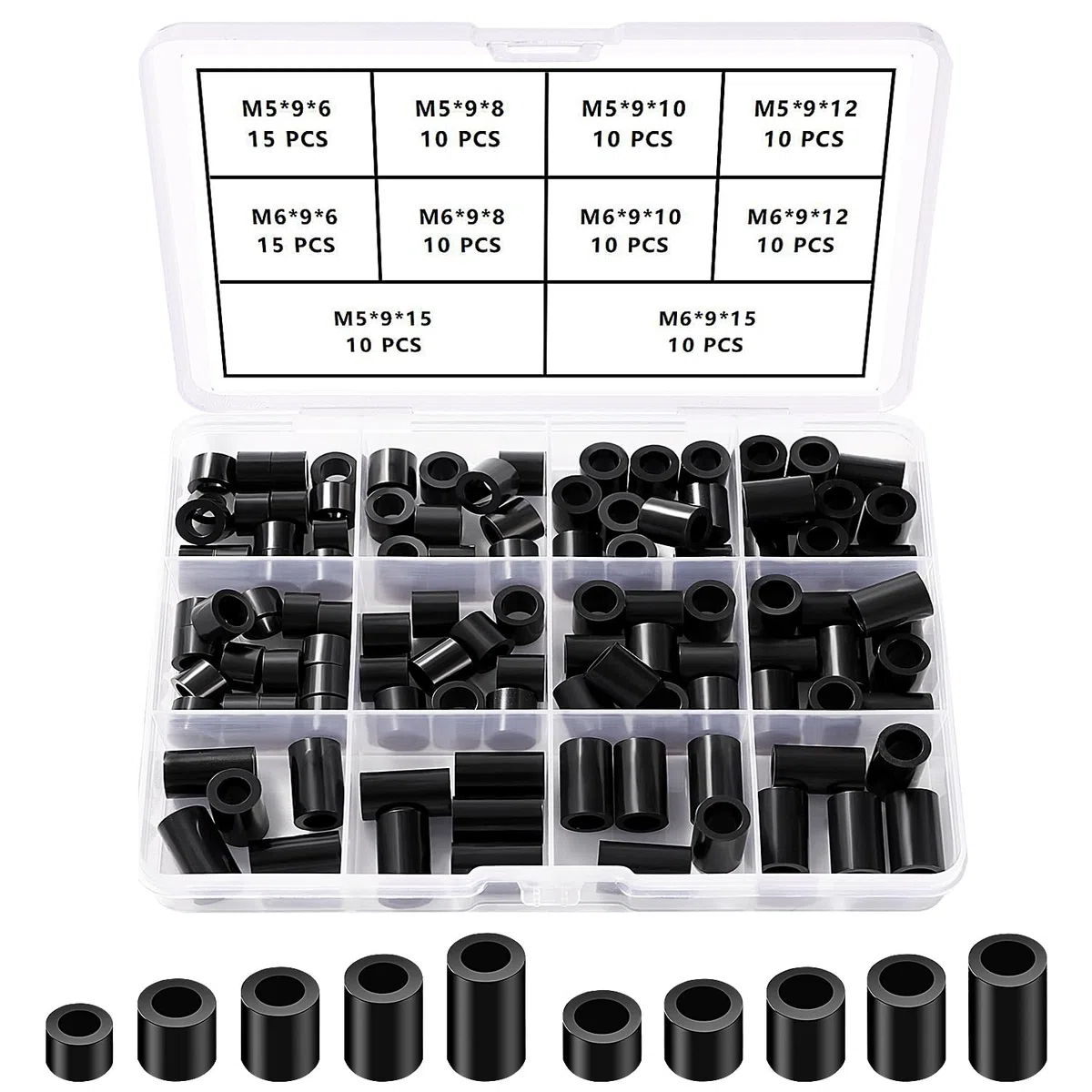 YIXISI 110 Pezzi ABS Rotondo Distanziatori Kit, per Viti M5 / M6, Isolanti Non Filettate Colonna Supporto Distanziatori Rondella, OD 9mm, Nero