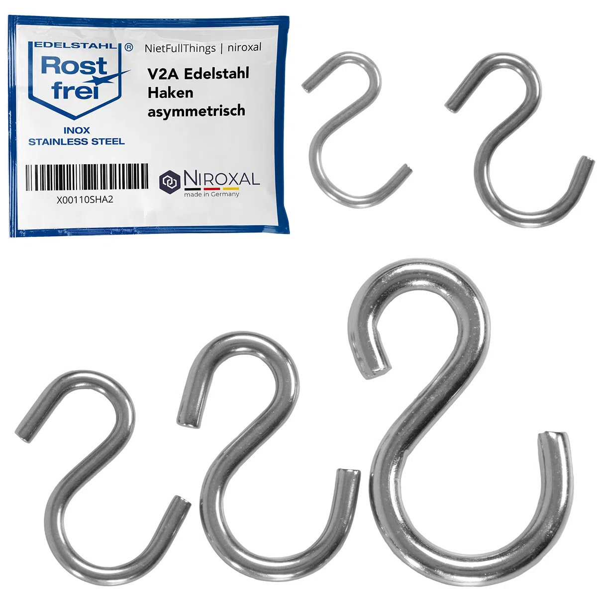 NietFullThings Ganci a S Asimmetrici Acciaio Inox V2A Ø 5 mm – 43 mm – 10 Pezzi – Ganci per Appendere