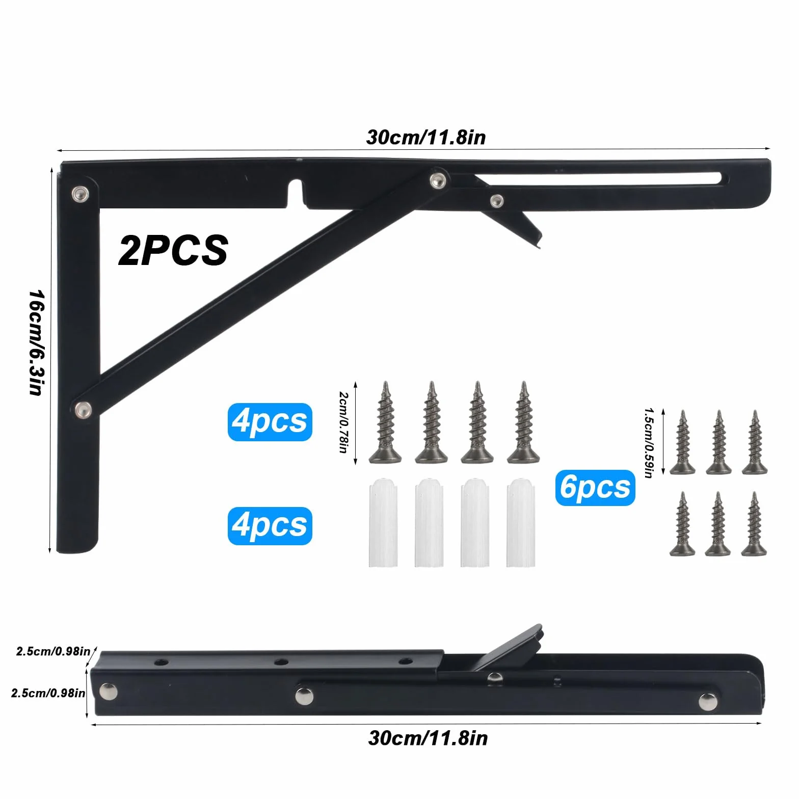 2 x Staffe Pieghevoli, Mensola Pieghevole, Reggimensola, Staffe Per Mensole Pieghevoli Pesant, 300mm Supporti per Mensole, Salvaspazio Supporto Tavolo da Parete Staffe Triangolari per Garage Cucina