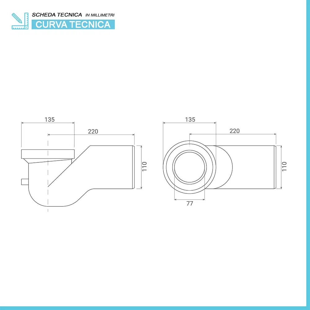 Inbagno Curva Tecnica sottovaso Universale per WC Filo Muro, Diam. 11 cm, Completa di Guarnizione in Gomma