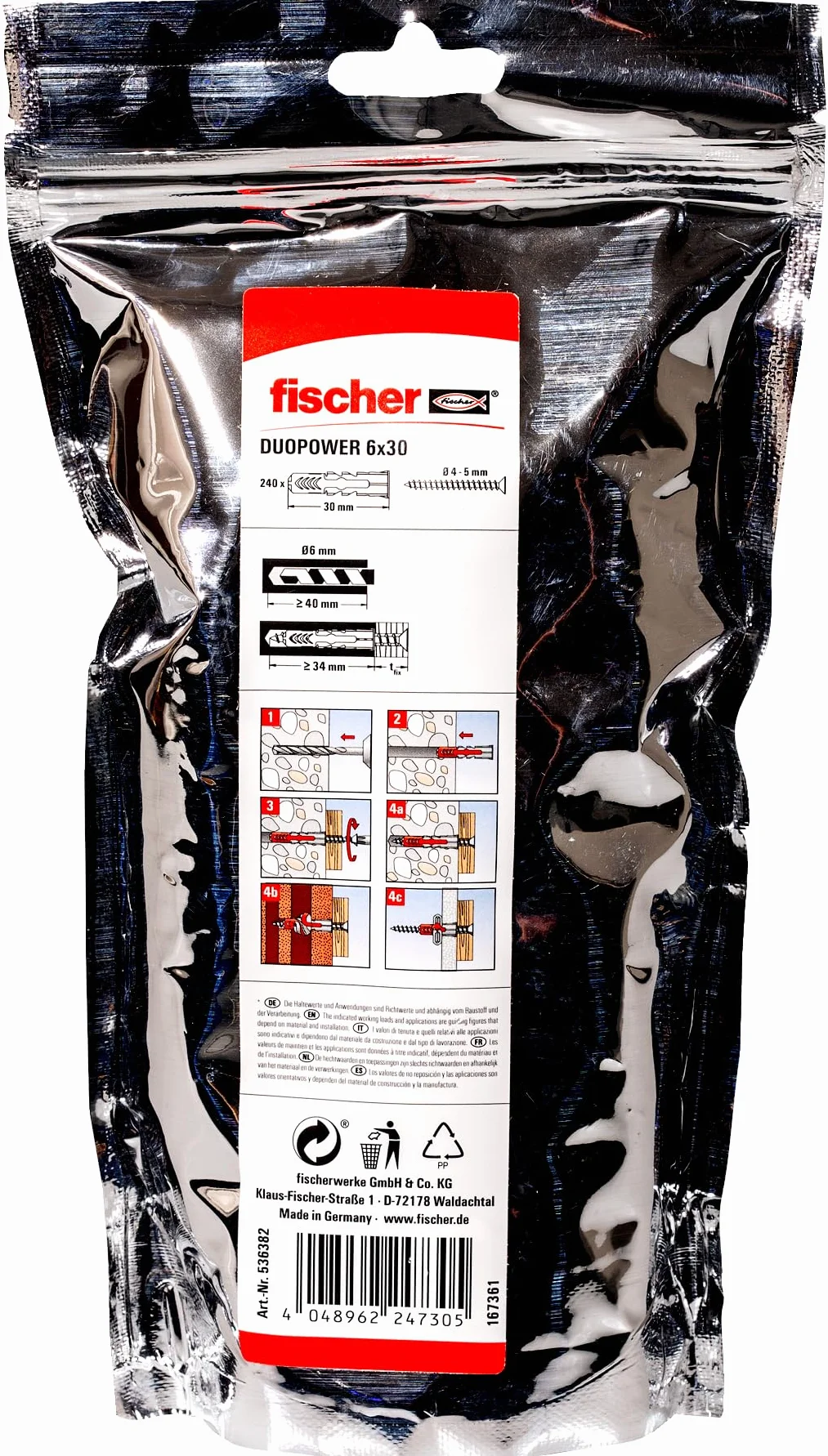 Fischer Big Pack DUOPOWER 6 x 30 mm, 240 Tasselli Universali per Ogni Tipo di Muro, Cartongesso, Gasbeton, 536382