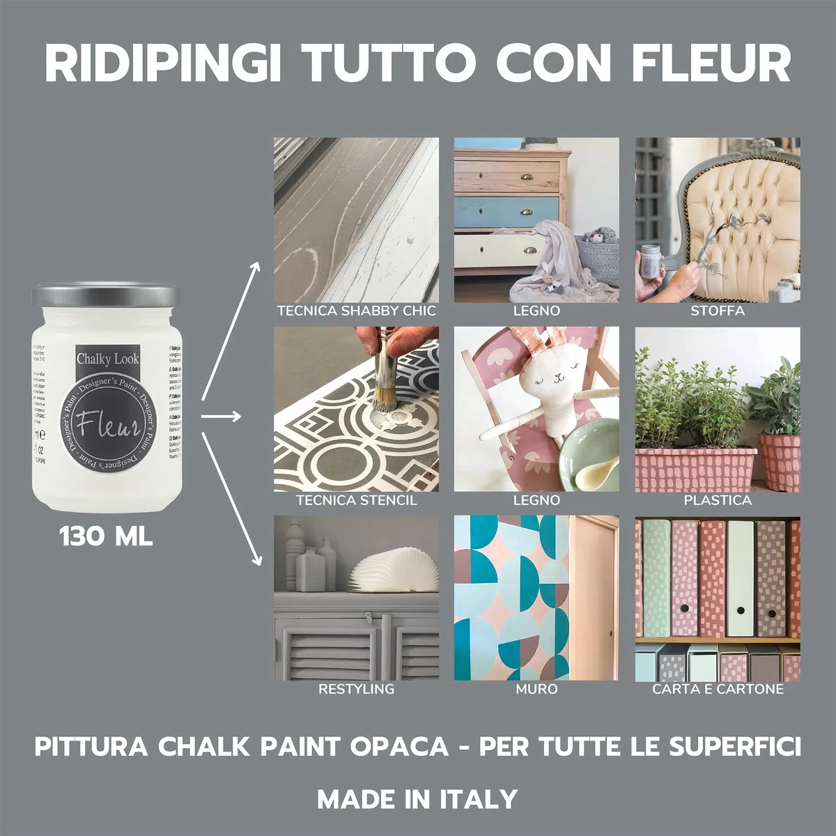 FLEUR DESIGNER'S PAINT | Pittura ad Acqua, Effetto Gesso Naturale, Extra Opaca, Fleur Chalky F75, Colore Smoky, Made in Italy, Formato da 130 ml