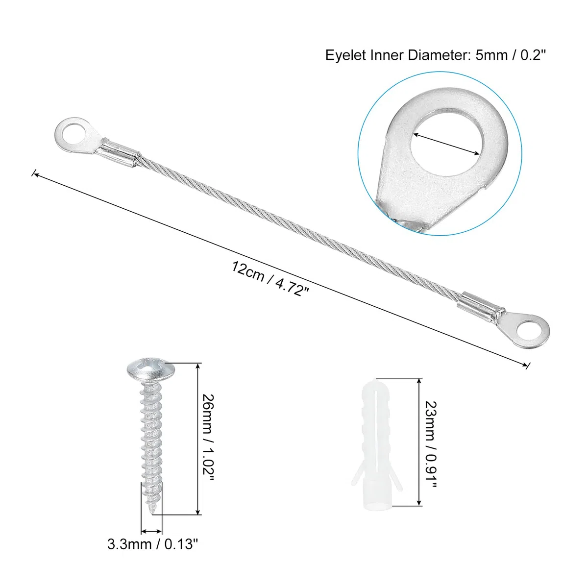 PATIKIL Cavo Lanyard Acciaio Inossidabile Occhielli 0.08" x 4" 2mm x 10cm, 4pz Filo Sicurezza Viti Montaggio per Appendere Luci da Palco