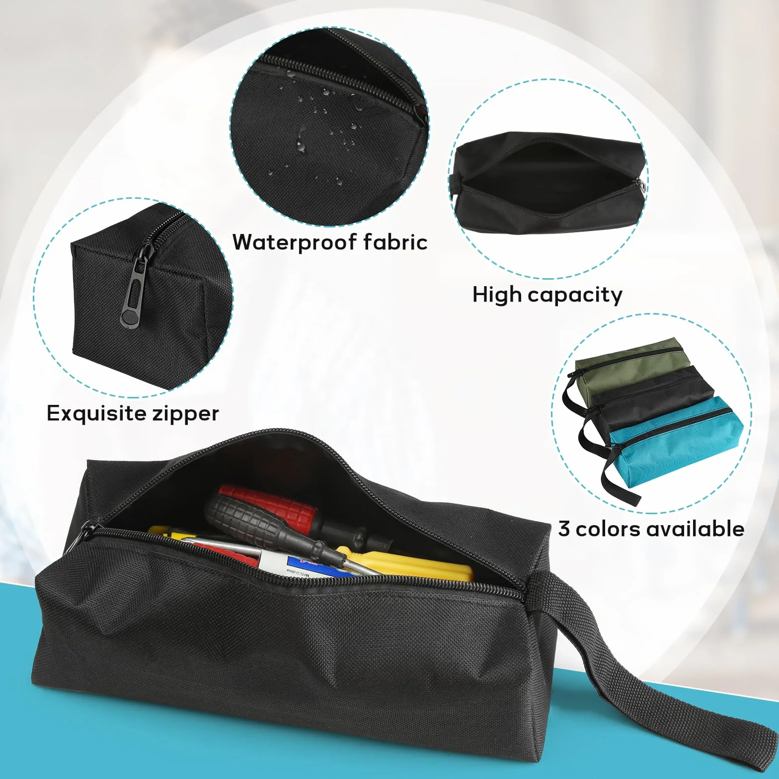 3 pezzi borsa porta attrezzi portatile piccola in tessuto Oxford 600D impermeabile con chiusura lampo, borsa per attrezzi multiuso resistente all'usura in tela (nero/blu/verde)