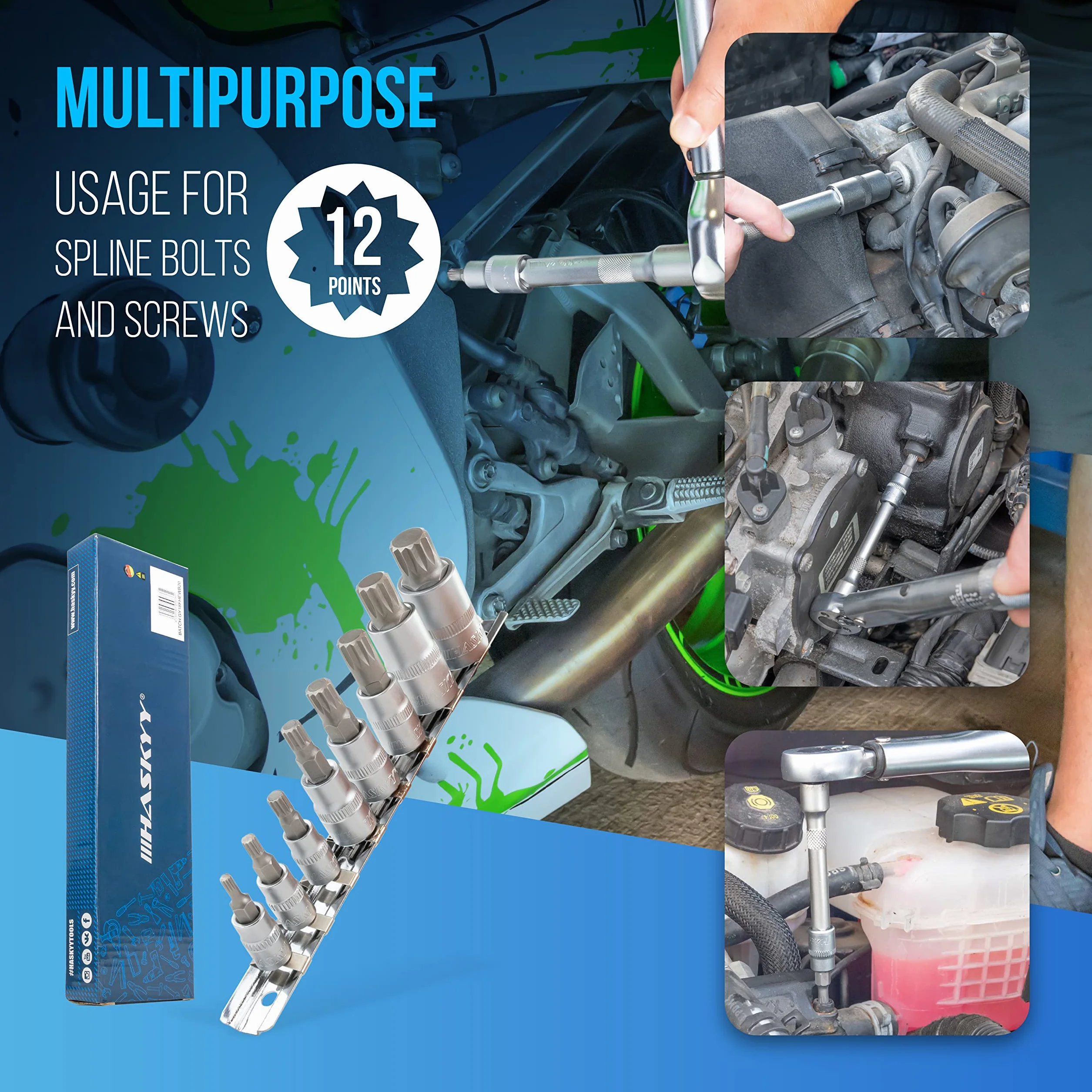 XZN Set di di prese multiple Chiavi a Bussola Scanalate Punta XZN Set di 8 Chiavi a Bussola M4 M5 M6 M8 M10 M12 M14 M16 Set di Chiavi a Bussola 1/2 3/8 e 1/4, in Lega S2 e CRV