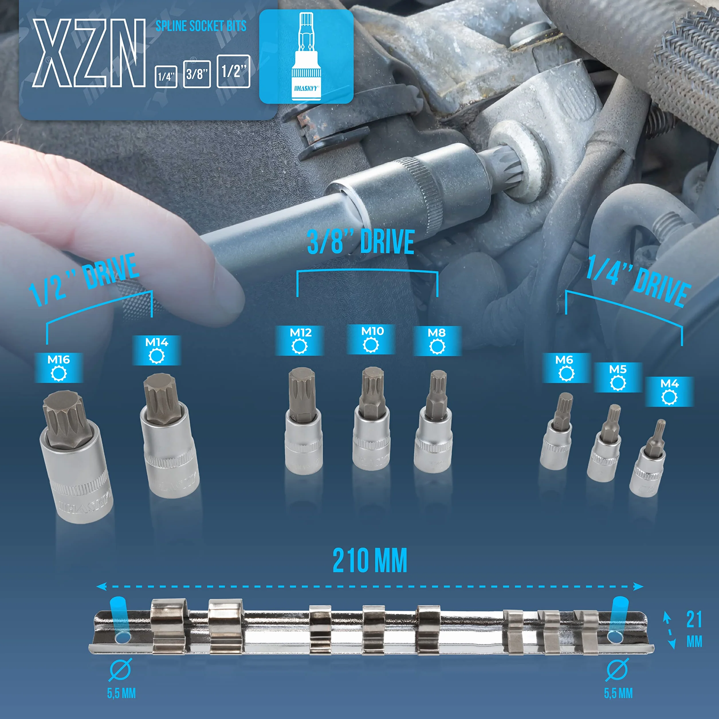 XZN Set di di prese multiple Chiavi a Bussola Scanalate Punta XZN Set di 8 Chiavi a Bussola M4 M5 M6 M8 M10 M12 M14 M16 Set di Chiavi a Bussola 1/2 3/8 e 1/4, in Lega S2 e CRV