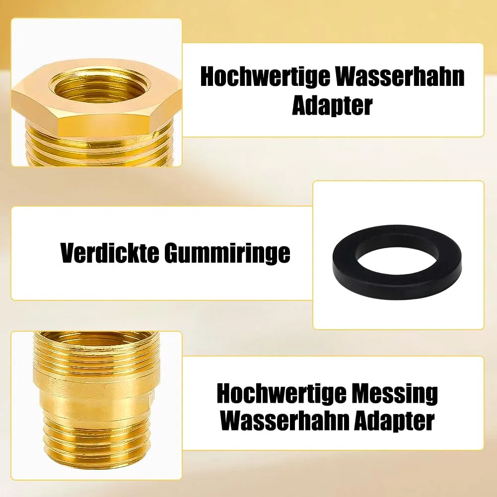 Adattatore per rubinetto in ottone con guarnizioni, con filettatura esterna M24 a M20 e adattatore AG da 3/4" a IG da 1/2" per tubo da giardino, doccia, collegamento lavatrice