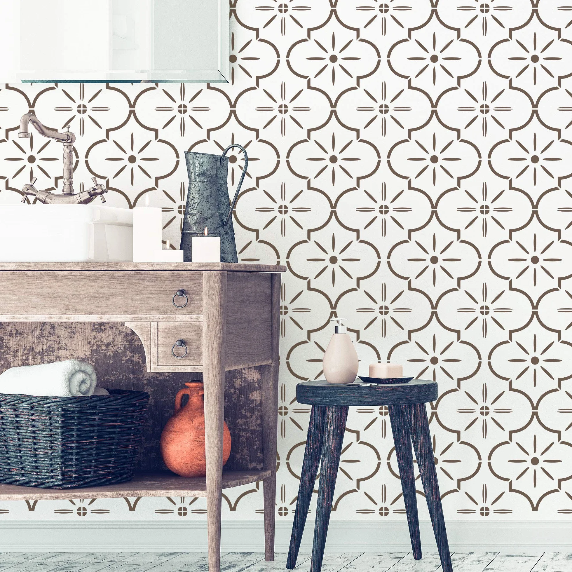 NAKLEO Stencil per Piastrelle per Pittura 15x15cm, Lucca Spagnolo Floreale Marocchino Moresco, Modello Geometrico Plastica e Riutilizzabile, Fai Da Te Decorazioni Casa, Pavimento Pareti Muro Legno