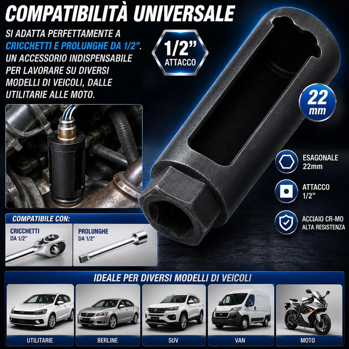 topolenashop Chiave a Bussola Esagonale 22mm 1/2” per Sonda Lambda Lunga – Utensile Professionale per Sensore Ossigeno Auto e Moto in Acciaio Cr-V – Strumento per Rimozione Sonda Codice 134422