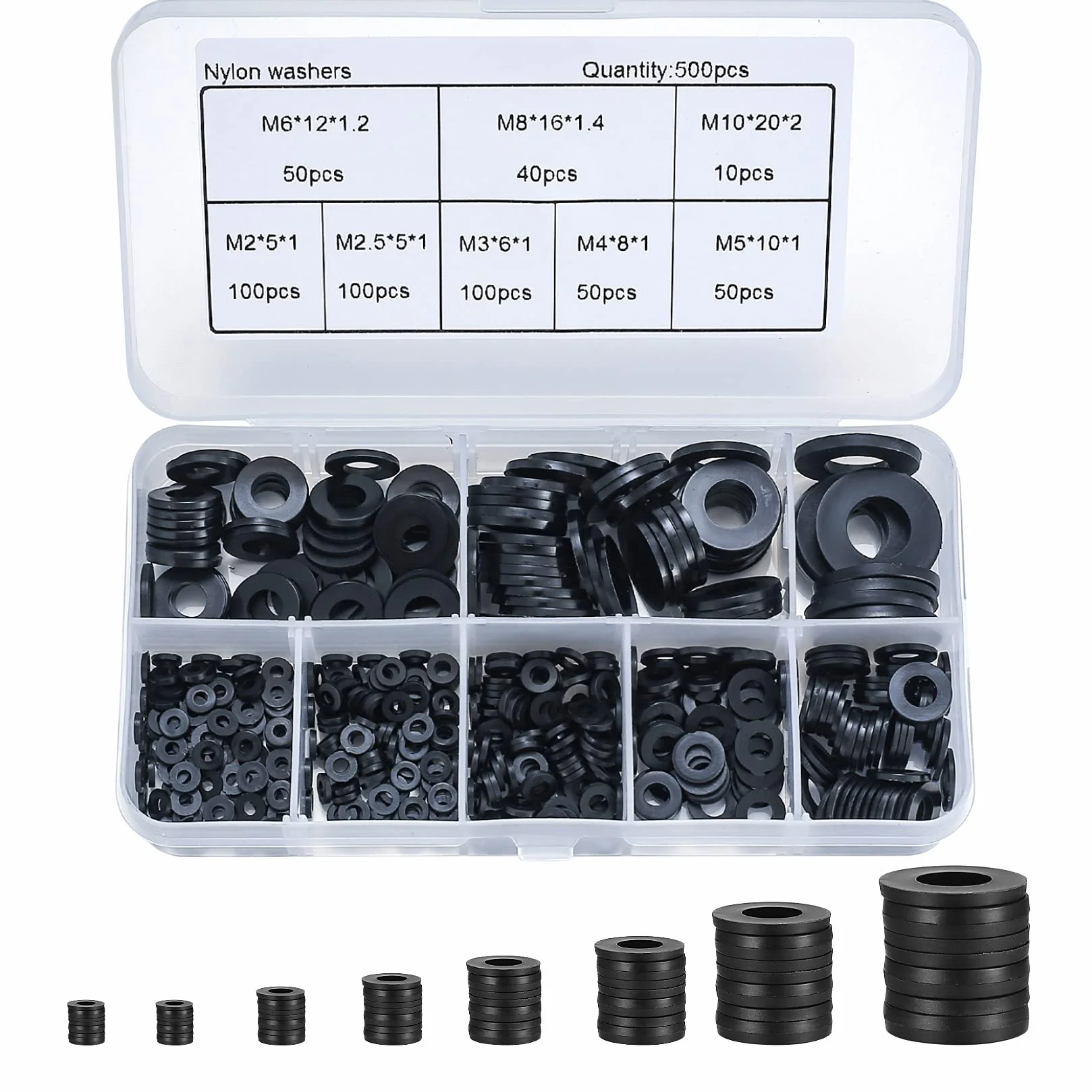 500 Pezzi Rondella Piatta in Nylon, Piatte Guarnizione, Guarnizioni Idrauliche, Kit Distanziatore Rondella Distanziatrice - M2/M2.5/M3/M4/M5/M6/M8/M10 (A-nero)