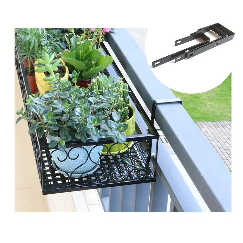 Mensola per fiori con gancio in ferro per ringhiera del balcone, per ringhiere a tubo tondo e ringhiere a tubo quadrato, adatto per larghezze 3,5-6,5 cm (1,3"-2,56"), 2 pezzi (6,5 cm)
