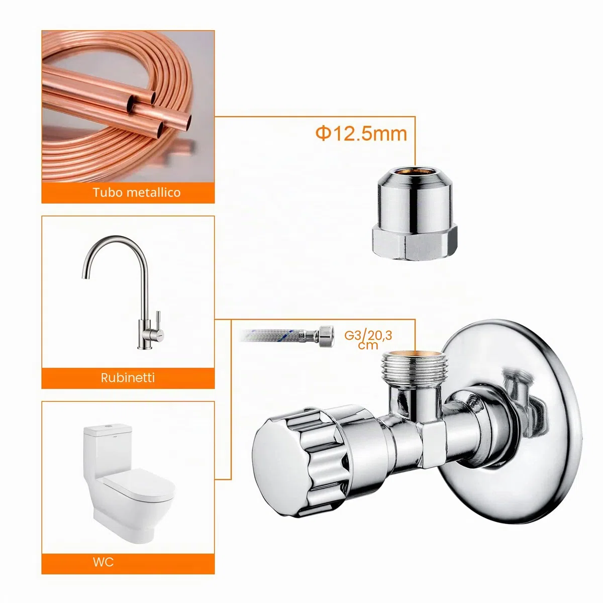 Ibergrif M22022-2 Valvola Angolare Autosigillante 1/2" x 3/8" Universale, Rubinetto Sottolavello in Ottone Cromato, Valvola Acqua Parete Resistente, Set 2 Pezzi per Cucina Bagno