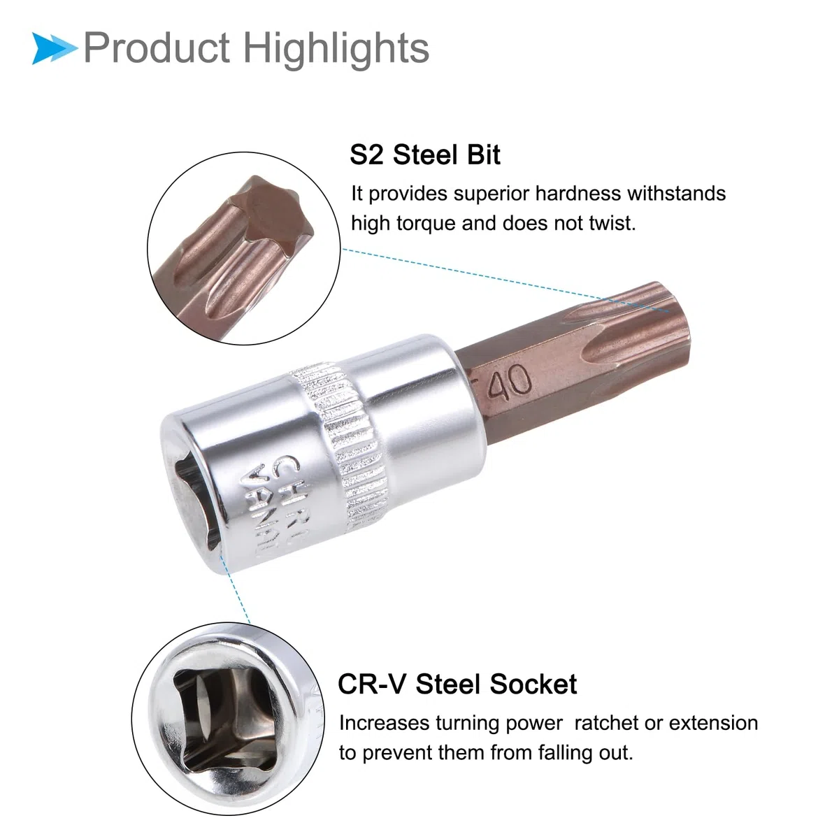 Chiave a Bussola Torx, Metrico T40 Punta 1/4" Attacco 1,5" Lungo, Acciaio Legato S2 Temprato al Cromo-Vanadio - (Applicazioni: per Applicazioni Fissaggio) 3pz
