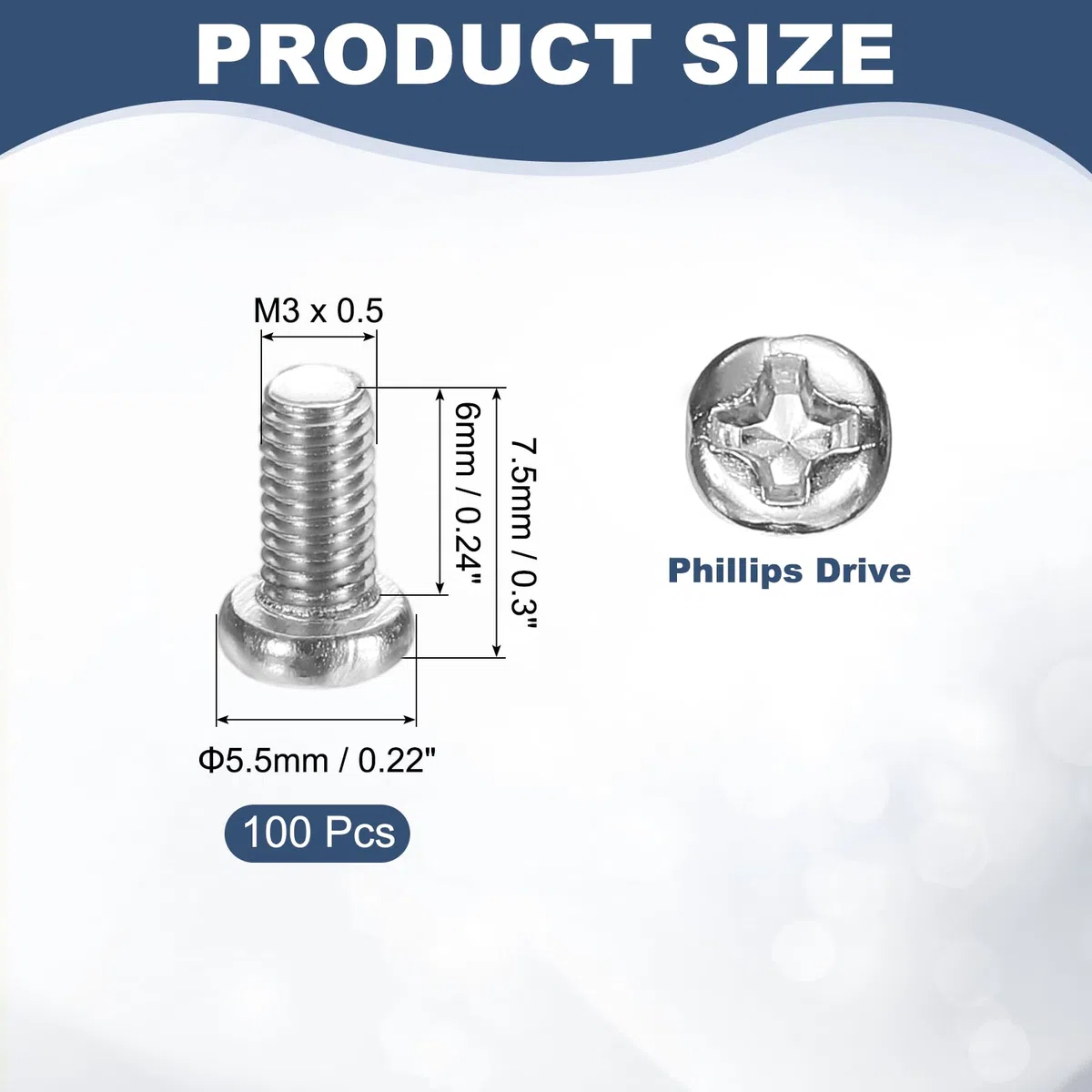 QUARKZMAN 100 Pcs Viti A Testa Svasata Phillips M3x6-0.5mm, Acciaio Al Carbonio Filettatura Completa