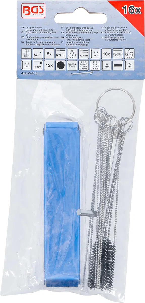 BGS 74438 | Set di attrezzi per la pulizia dell'ugello del carburatore | 16 pz