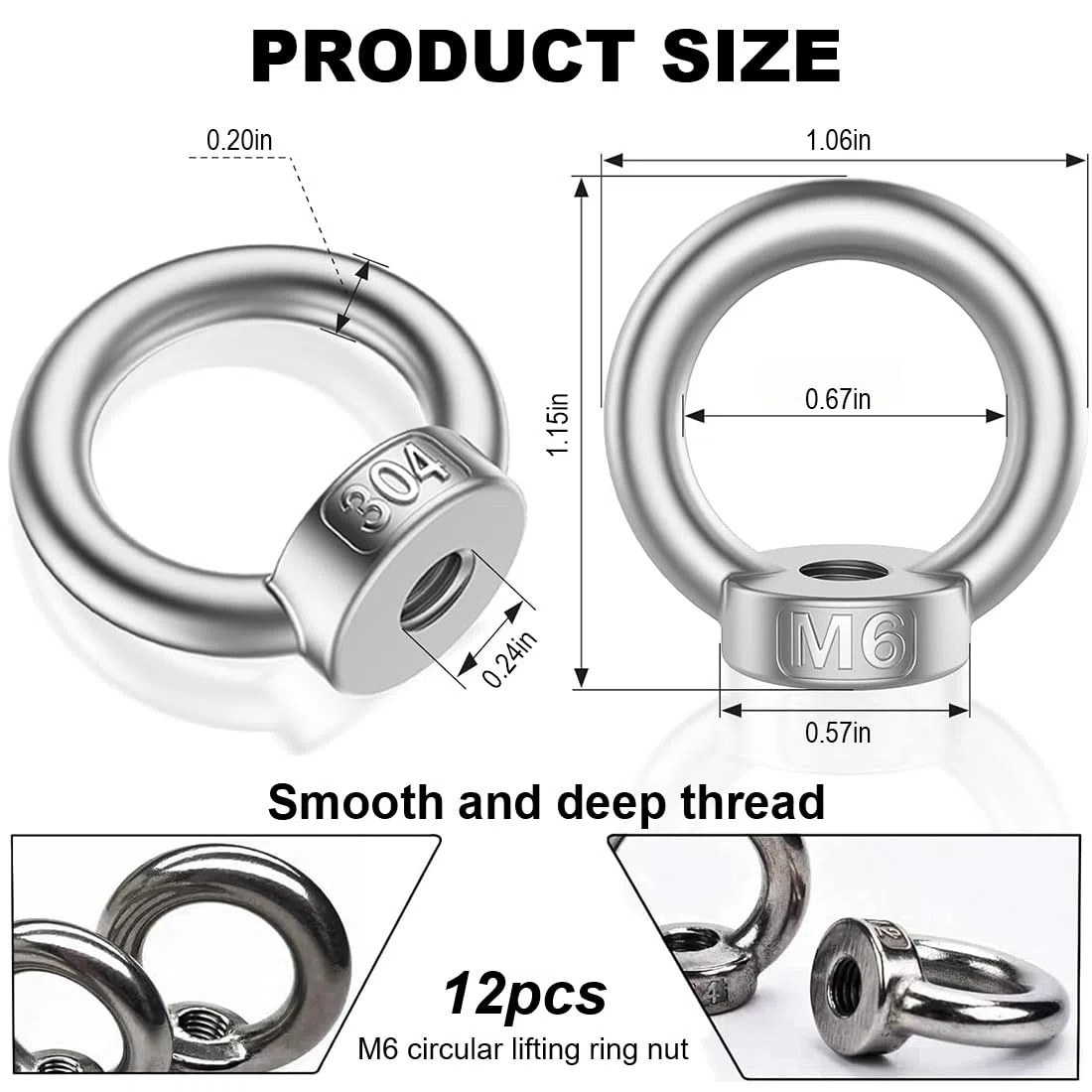 Aililong Dadi ad anello M6-12 pezzi 304 in acciaio inox, dadi ad anello hardware per accessori di sollevamento e sospensioni per interni ed esterni